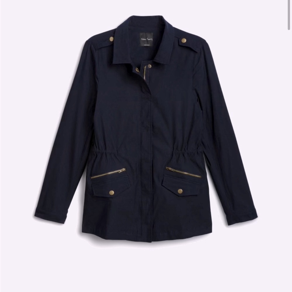 Navy Utility Jacket with Stand-Up Collar and Cinched Waist